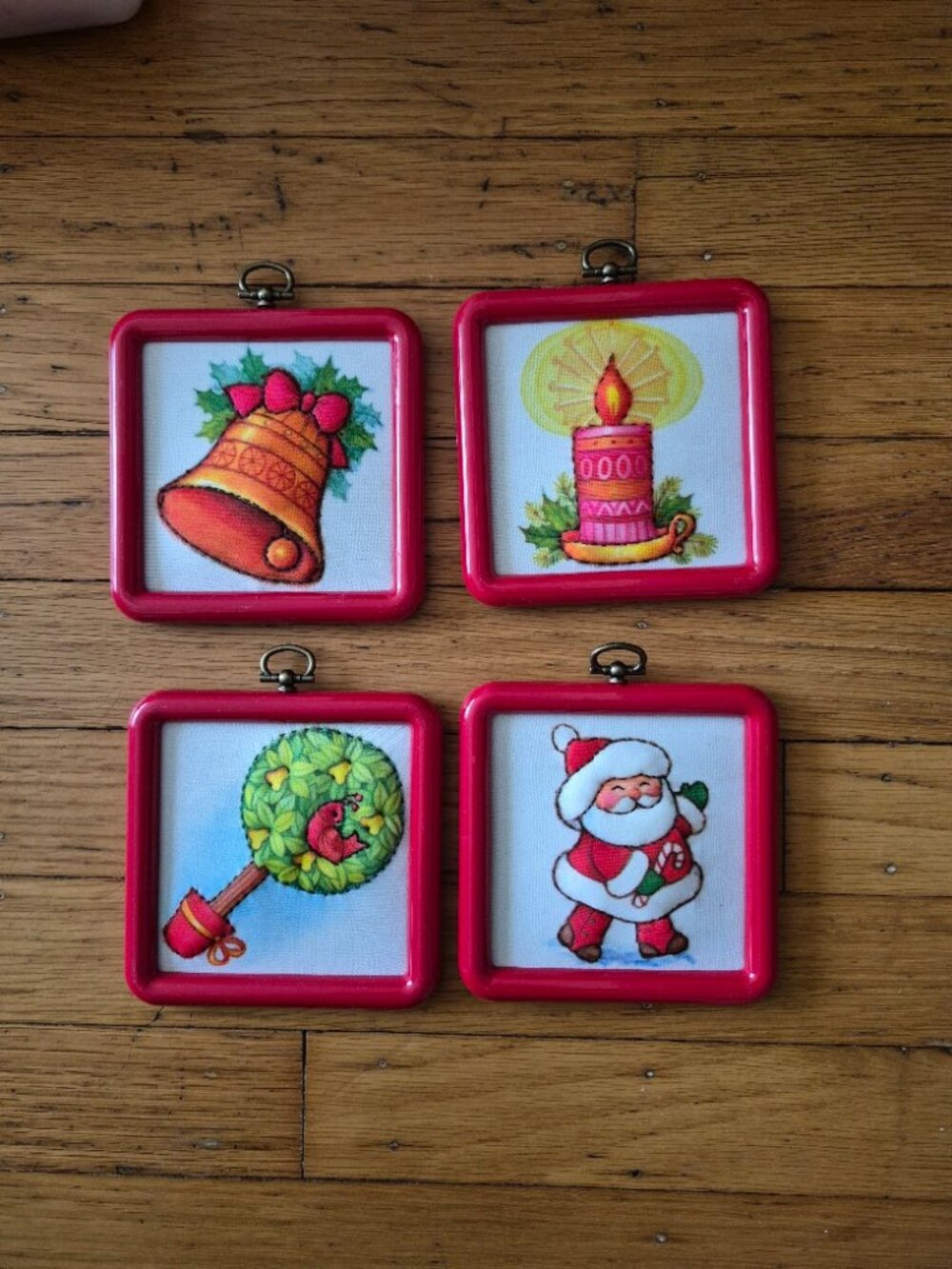4 Vintage Handmade Holiday Red Framed Stitchery Pictures